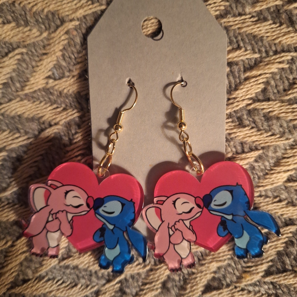 Adorable Heart-Shaped Earrings with Pink and Blue Characters